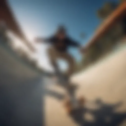 A fisheye camcorder capturing a skateboarder in action on a halfpipe.