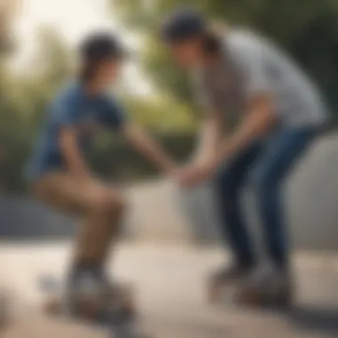 A junior skater receiving guidance from an experienced mentor