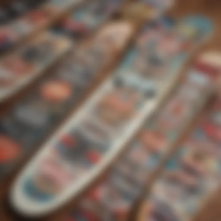 A display of contemporary skateboards adorned with vintage stickers.