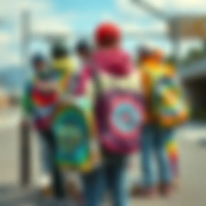 Skateboarders with Unique Tie-Dye Styles Group of skateboarders showcasing their unique tie-dye bookbags