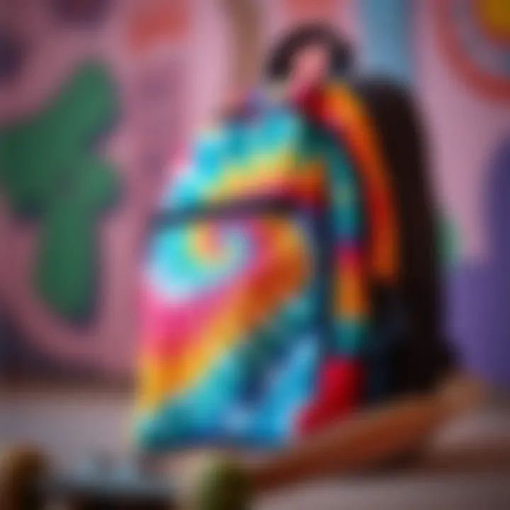 Skate Gear with Tie-Dye Aesthetics Close-up of skateboarding gear with a tie-dye bookbag