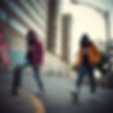 Fashionable Skateboarders in Urban Environment Fashionable skateboarders styling unique vans in urban settings