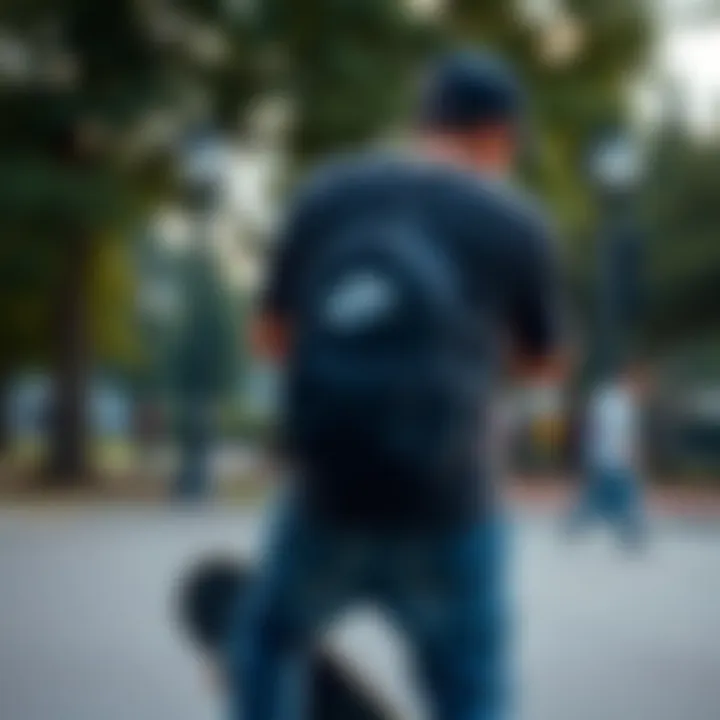 Skateboarder with Small Nike Backpack Skateboarder using the small Nike backpack in a park