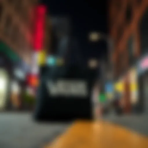 Stylish Vans black canvas tote bag against a vibrant urban backdrop