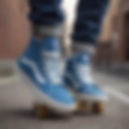 Stylish blue Vans high tops on a skateboard