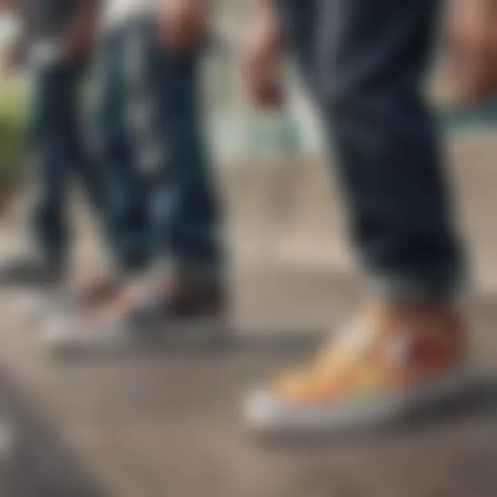 Group of skateboarders wearing Vans Trek Slip-Ons at a skate park