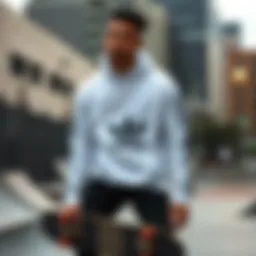 A skateboarder wearing a white Adidas hoodie in an urban skate park.