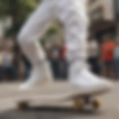 A skateboarder performing tricks while wearing white high top platform sneakers