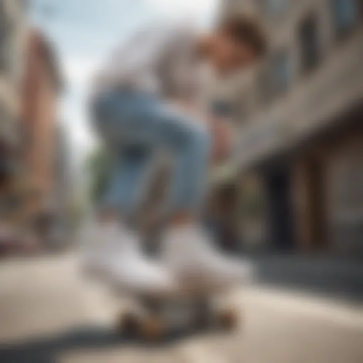 Skateboarder wearing white high top platform sneakers in an urban setting