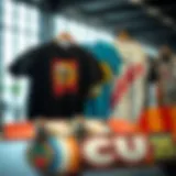 A collection of vibrant graphic tees showcasing unique designs and styles popular in skate culture.