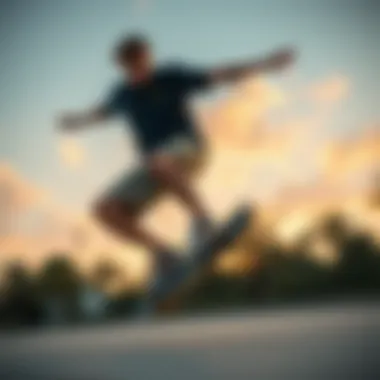 Skateboarder showcasing heavy cotton shorts during a trick