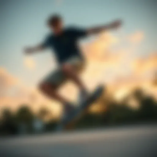 Skateboarder showcasing heavy cotton shorts during a trick