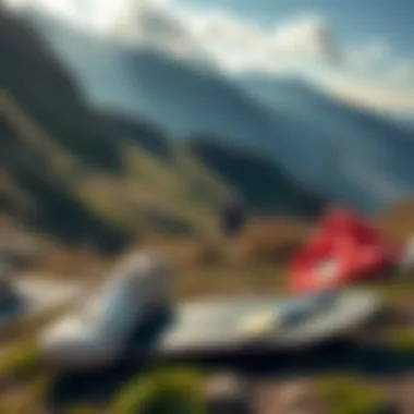 Adventure in Skate Culture A scenic hiking trail with skateboard gear laid out, highlighting the adventurous spirit of skaters.