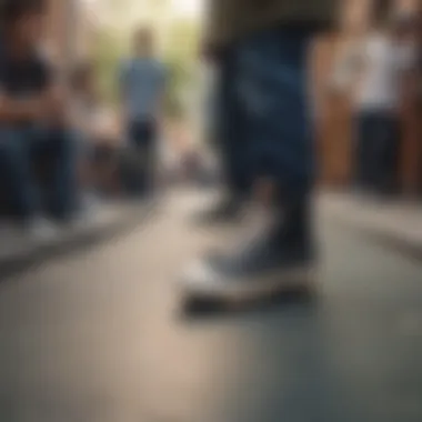 Group of skaters discussing footwear, focusing on the HUF Dylan Slip