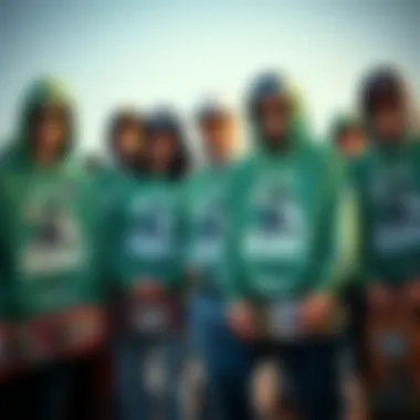 Self-Expression in Skateboard Fashion: Community and Identity A group of skateboarders expressing individuality through their green graphic sweatshirts