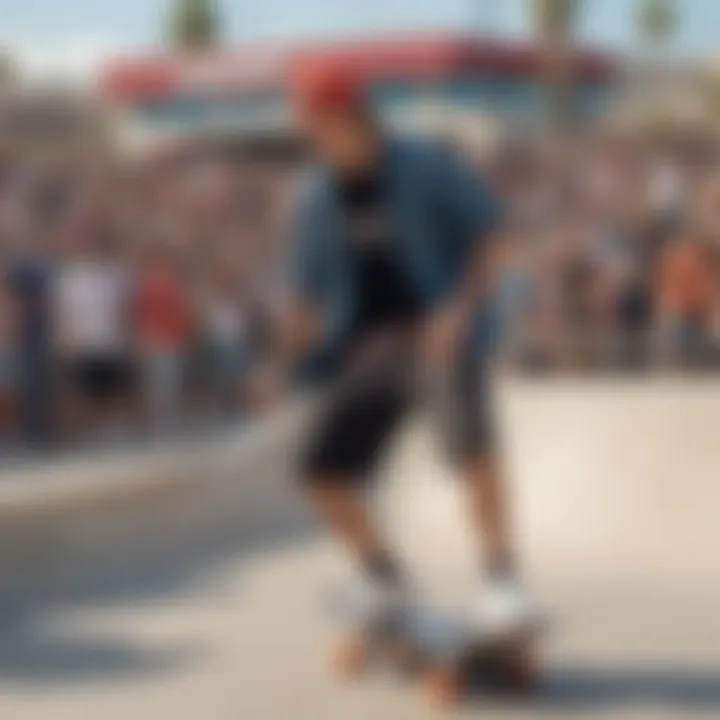 A skateboarder wearing JNCO shorts performing tricks at a skatepark.