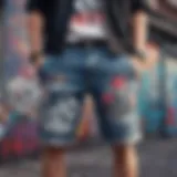 A pair of JNCO shorts showcased in an urban setting with graffiti art.