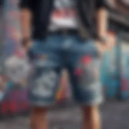 A pair of JNCO shorts showcased in an urban setting with graffiti art.