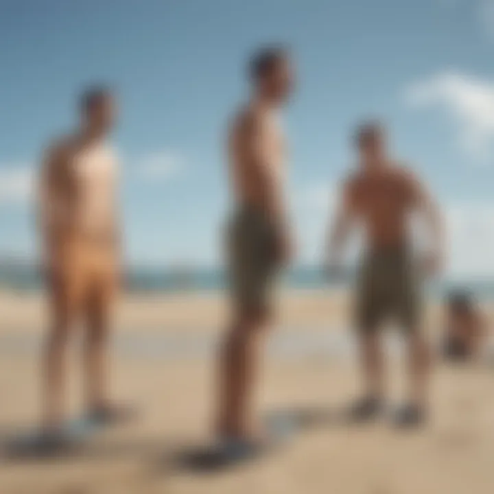 Group of skateboarders enjoying a beach day in khaki board shorts