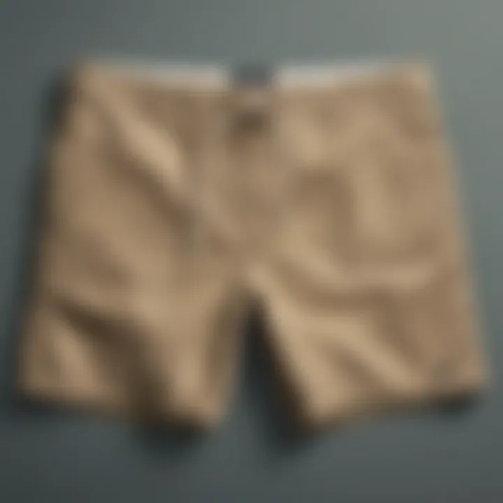 Different styles of khaki board shorts arranged for comparison