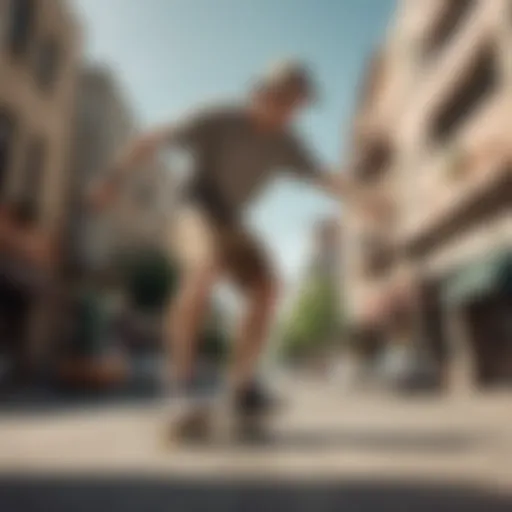 Stylish skateboarder wearing khaki board shorts in an urban setting