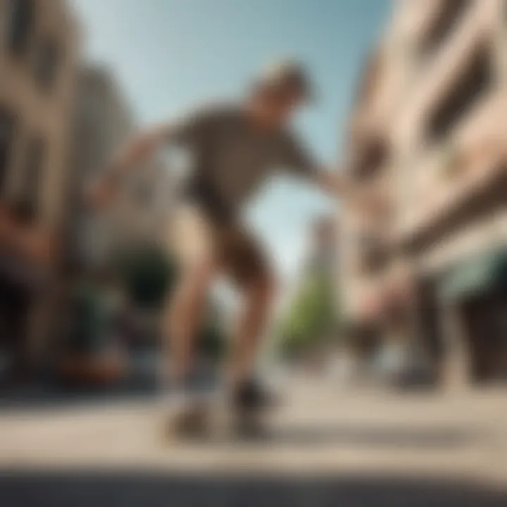 Stylish skateboarder wearing khaki board shorts in an urban setting