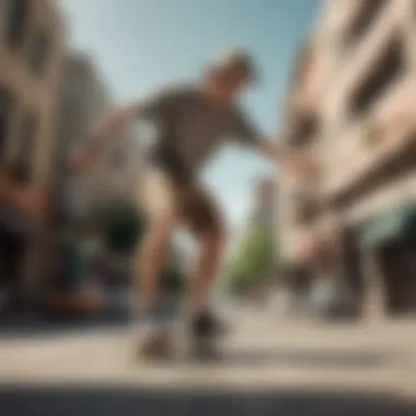 Skateboarding Style with Khaki Board Shorts Stylish skateboarder wearing khaki board shorts in an urban setting