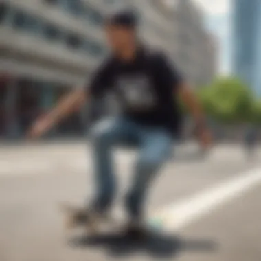 A skateboarder wearing layered t-shirts in an urban setting