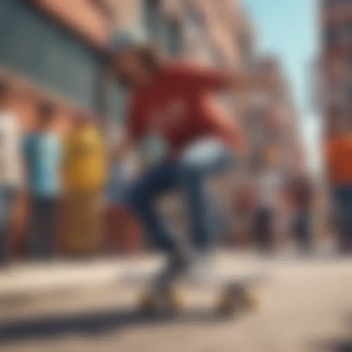 A group of diverse skaters gathered in a vibrant urban setting wearing Live Fast attire