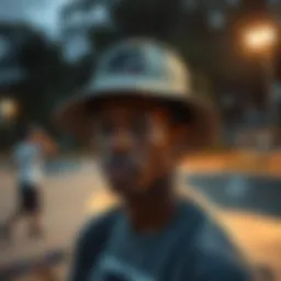Stylish bucket hats in a skate park setting.