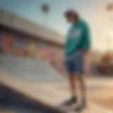 A vibrant skate park scene featuring coordinated shorts and sweatshirt outfits.