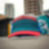 Vibrant Mesh Snapback Trucker Hat A close-up view of a vibrant mesh snapback trucker hat against an urban backdrop.