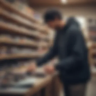 A skateboard enthusiast inspecting the quality of parts in a local shop