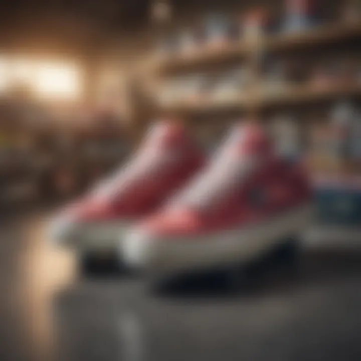 An array of popular brands of clearance skateboard shoes displayed in a retail setting.