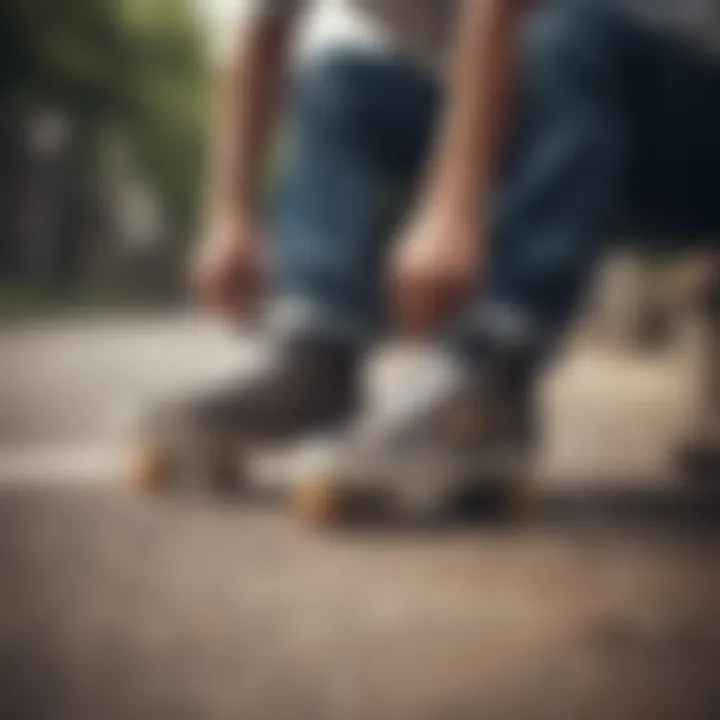 A skateboarder cleaning and maintaining their clearance shoes after a session.