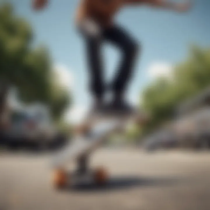 A skateboarder performing tricks while wearing clearance shoes, showcasing their performance.