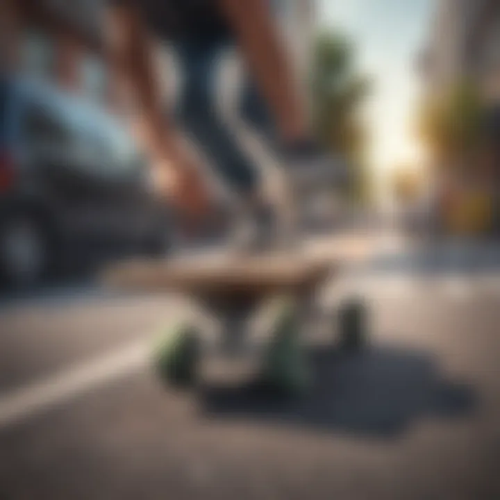 Skateboard trucks in action during a trick on the street