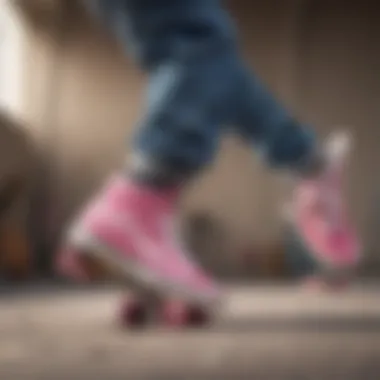 Skateboarder performing a trick wearing pink Vans