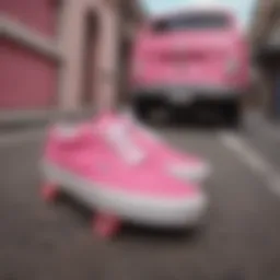 Vibrant pink Vans sneakers on a skateboard