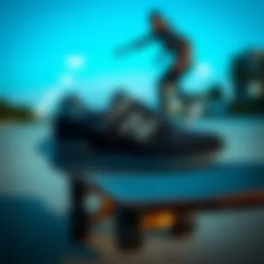 New Balance 5740 Black displayed in a skate culture context with skateboard