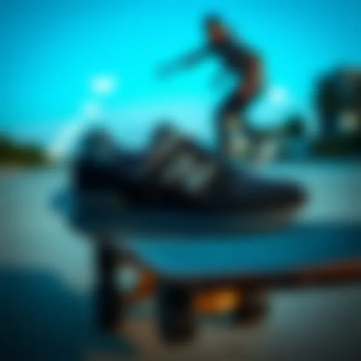 New Balance 5740 Black displayed in a skate culture context with skateboard