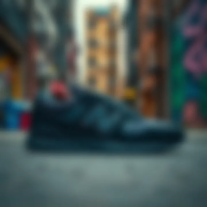 New Balance 5740 Black against a vibrant urban backdrop