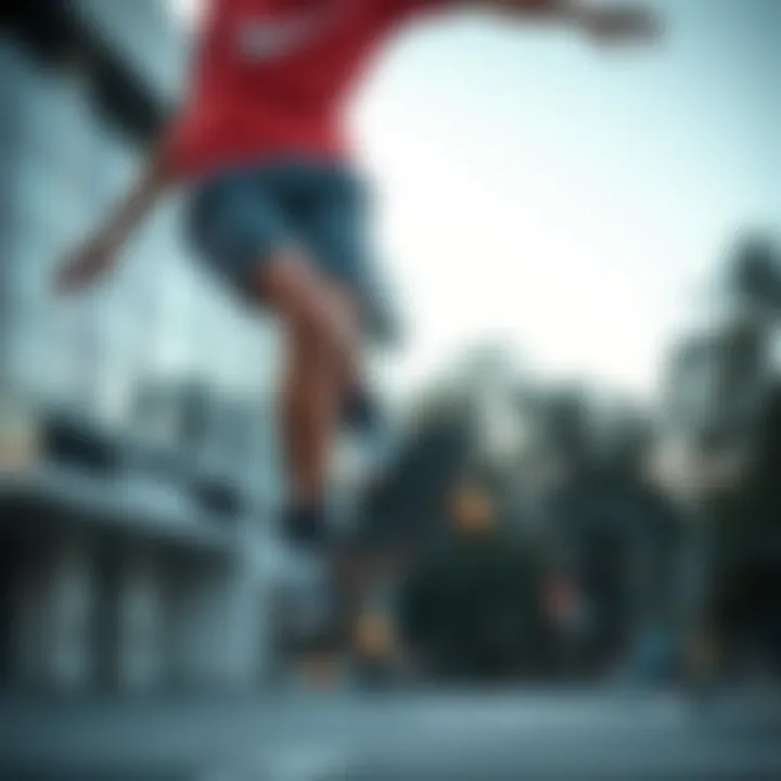 A skateboarder performing a trick wearing Nike sweatshorts, emphasizing performance.
