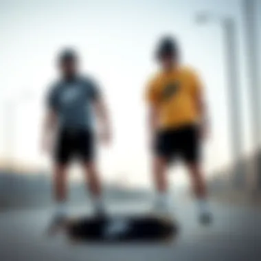 A stylish display of Nike sweatshorts paired with contemporary skateboarding gear.