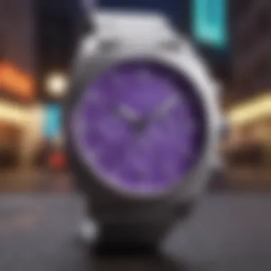 A stylish individual wearing the Nixon Purple Watch in an urban setting.