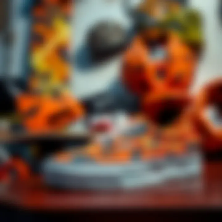 Fashion Meets Functionality in Skateboarding Orange camouflage Vans displayed against a backdrop of skateboarding gear