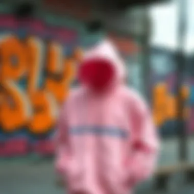 Pastel Pink Hoodie in Urban Art Context A vibrant pastel pink hoodie showcased against a backdrop of graffiti art, symbolizing street culture.