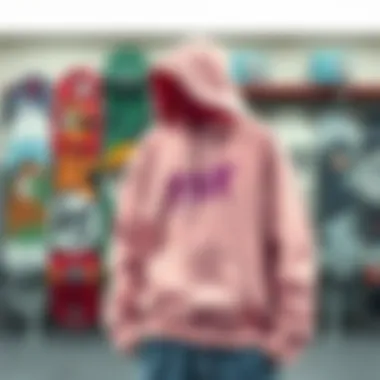 Contemporary Skate Fashion Featuring Pastel Pink A stylish pastel pink hoodie displayed alongside various skateboard designs, highlighting its role in contemporary skate fashion.