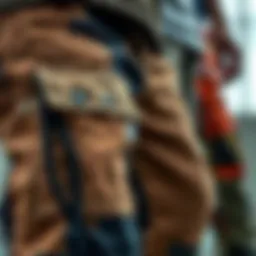 Detailed view of patched cargo pants showcasing various textures and colors