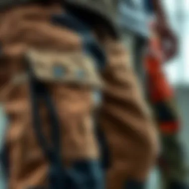 Detailed view of patched cargo pants showcasing various textures and colors